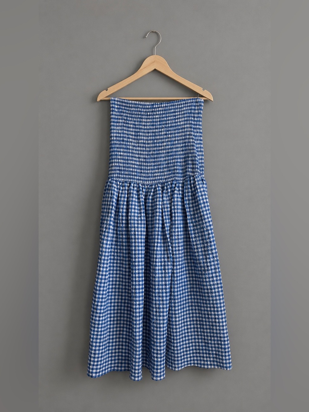 Anthropologie Maeve Blue Gingham Strapless Midi Dress - Picture 6 of 8
